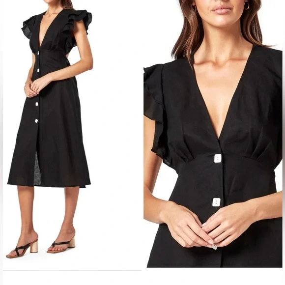Linen cocktail Black Dress with Ruffle Sleeves - Picture 4 of 17